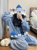 Cute Little Shark Hooded Coral Velvet Pajamas Plus Size