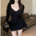 Stylish Lace Trim Long Sleeve Dress Women's Autumn Fashion