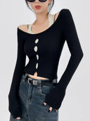 Color Contrast Halterneck Knitwear Seductive Slimming Top