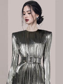 Luxurious Silver Pleated Dress for Sophisticated Fall Elegance