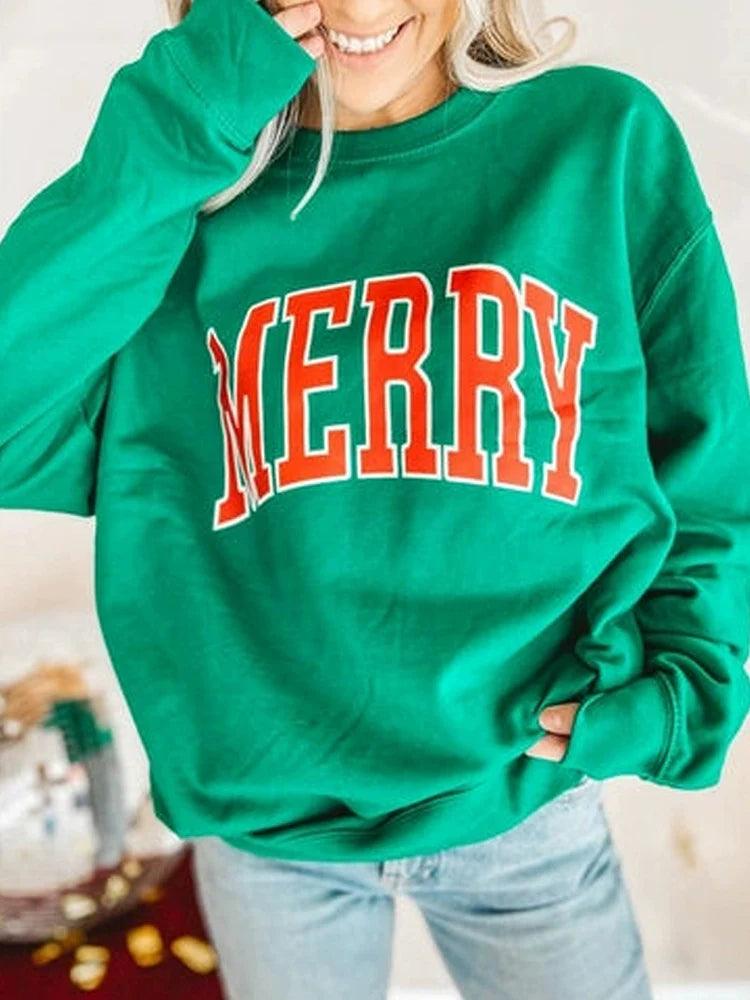 European and American Leisure Easiest for Match Warm Long Sleeve Sweater Female Fall and Winter New Arrival Christmas Merry Letter Slogan Pullover Tops  ourlum.com   