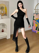 Kliou Black Diagonal Slim Fit Dress Edgy Street-style Elegance