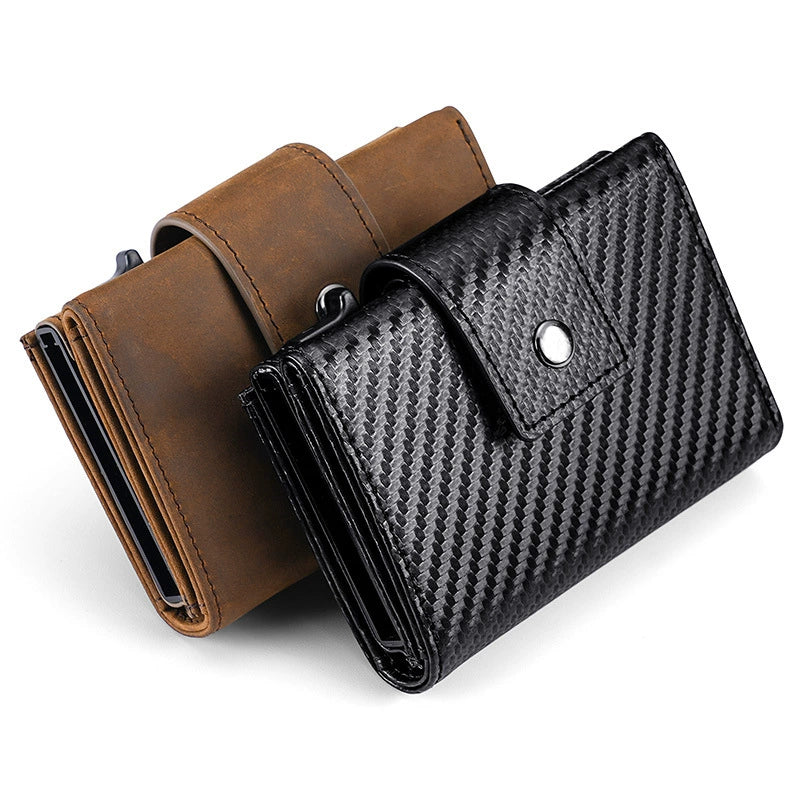 Retro Crazy Horse Leather Automatic Card Holder Men's Carbon Fiber Pattern Leather Pop-up Card Clamp Airtag Snap Wallet