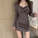 Sleek Gray V-neck Long Sleeve Short Skirt Spring Chic Look