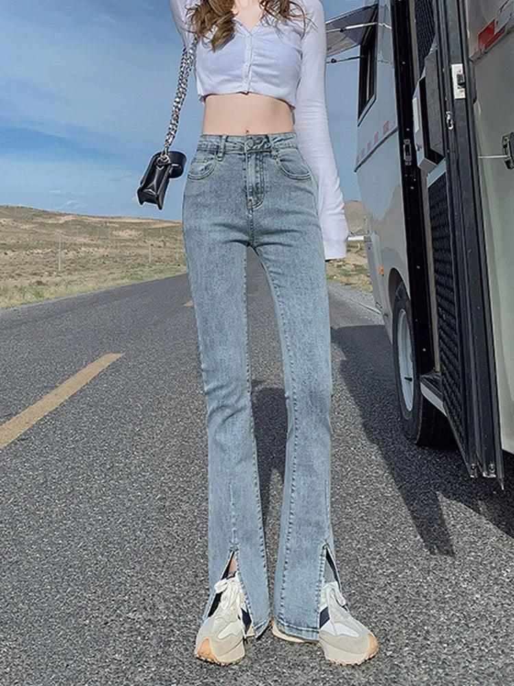 High Waist Flared Jeans: Trendy Denim Style with Split Detailing