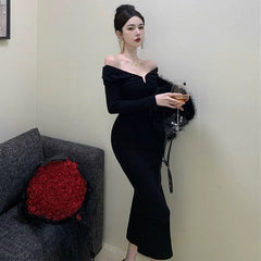 Black Evening Gown: Chic Off-Shoulder Cocktail Dress for Elegant Events