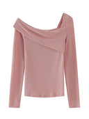 Pink Off-Shoulder Slim-Fit T-Shirt Korean Chic Style