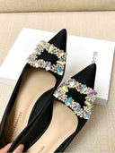 Black Flats with Rhinestone Square Buckle for Elegant Style