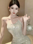 Elegant Silver Fishtail Evening Gown Glamorous Sequin Dress