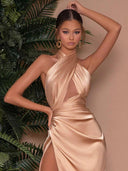 Champagne Cross Collar Dress Glamorous Backless Statement