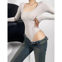 Siamese Fit Long-Sleeved U-Neck Top Modern Chic Autumn Style