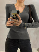 European Chic V-neck Long-Sleeve T-shirt Sophisticated Comfort