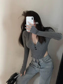 Spring V-neck Long Sleeve T-shirt Chic Korean Fashionista Pick