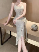 Elegant Silver Fishtail Evening Gown Glamorous Sequin Dress