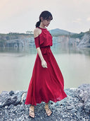 Nara Red Bohemian Chiffon Dress Off Shoulder Summer Style