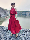 Nara Red Bohemian Chiffon Dress Off Shoulder Summer Style