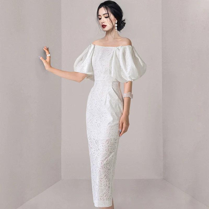 Elegant Lace Socialite Dress: Stylish Off-Shoulder Ensemble