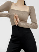 Paperman Retro Square Collar Knit Shirt Elegant Off-Shoulder