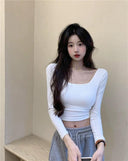 Chic Backless Crop Top Stylish Square Collar Shirt Women