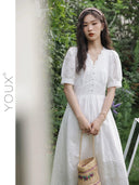 French Elegance V-neck Midi Dress Chic Summer Fashion Statement