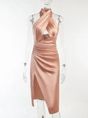 Champagne Cross Collar Dress Glamorous Backless Statement