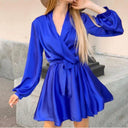 Dress with Belt Long Sleeves V Neck Solid Color A Line Dress