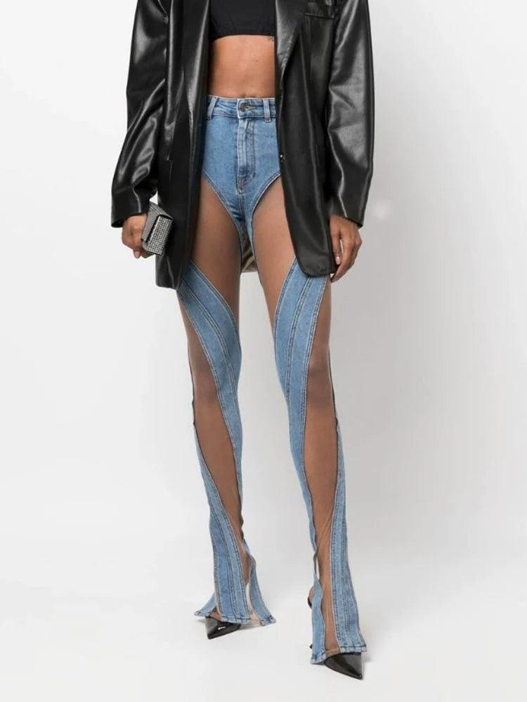 Mugler Spiral Mesh Low Waist Denim Pants: Fall 2022 Fashion