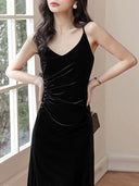 Black Velvet French Retro A-Line Dress Vintage Elegance Style