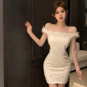 Sophisticated Korean Style Fur Collar Dress Elegant Bead Embellishments