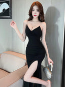 Glamorous V-Neck Evening Gown Elegant Backless Sling Dress