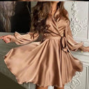 Dress with Belt Long Sleeves V Neck Solid Color A Line Dress