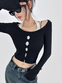 Color Contrast Halterneck Knitwear Seductive Slimming Top