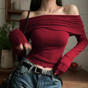 Off-the-Shoulder Vintage Long-Sleeve Tee Chic Retro Elegance