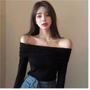 Off-the-Shoulder Vintage Long-Sleeve Tee Chic Retro Elegance