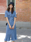 Retro Houndstooth Denim Dress Timeless Korean Style Chic