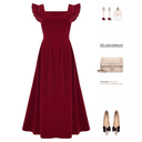 Red Square-Collar Party Dress for Sophisticated Evening Elegance