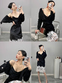 Lace Stitching Black Dress Retro-Chic Velvet Fashion Statement