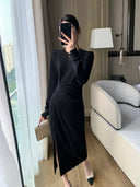 Brother Guo's Elegant Black Split Dress Chic Commute Elegance