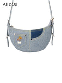 Ajidou Denim Patchwork Retro Crossbody Bag for Casual Use