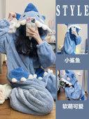 Cute Little Shark Hooded Coral Velvet Pajamas Plus Size