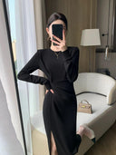 Brother Guo's Elegant Black Split Dress Chic Commute Elegance