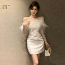 Sophisticated Korean Style Fur Collar Dress Elegant Bead Embellishments