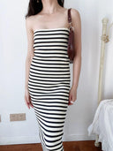 Striped Elegance Monochrome Sheath Dress Tube Top Style