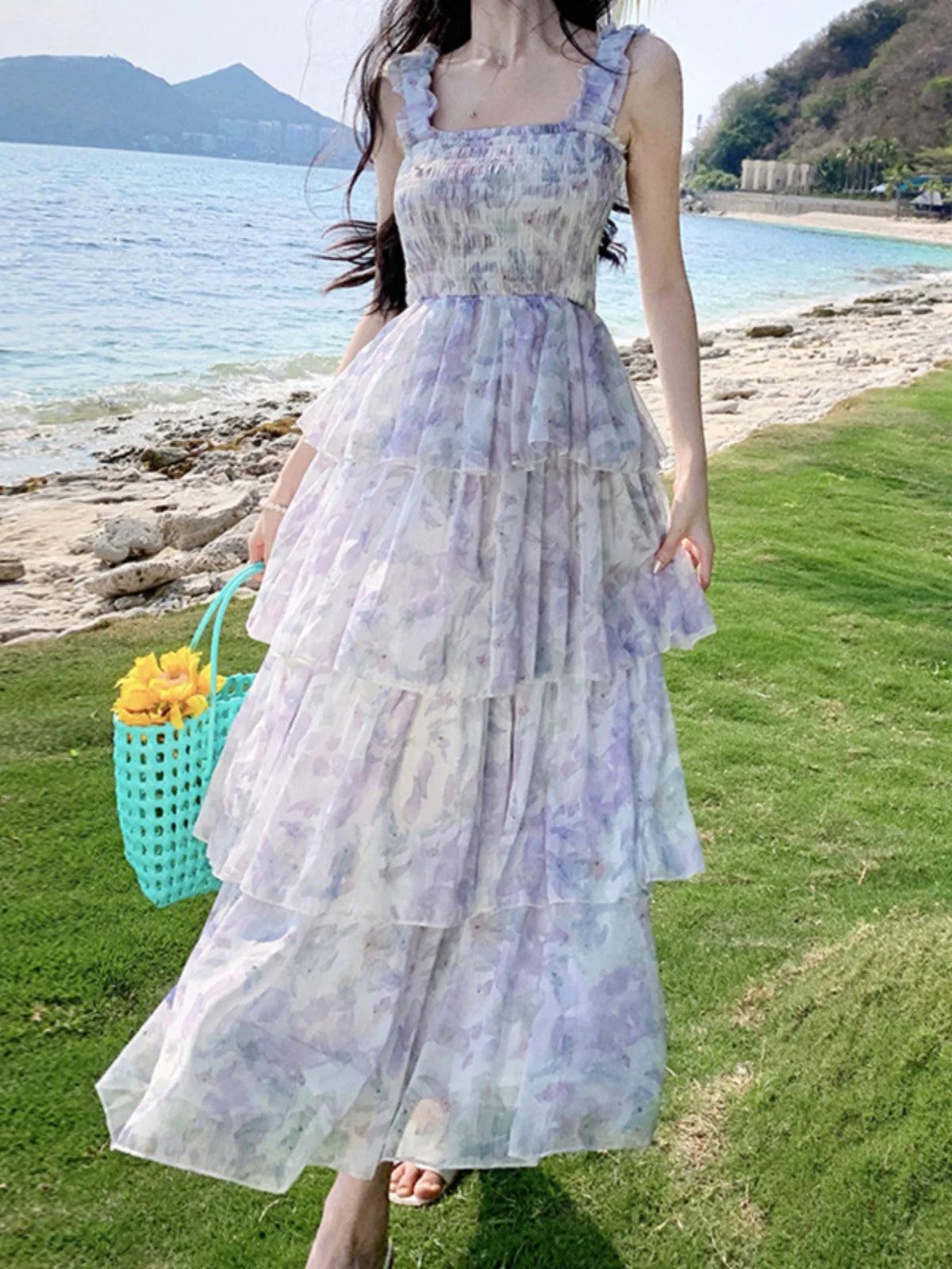 French Floral Layered Beach Skirt Dress: Timeless Elegance & Charm