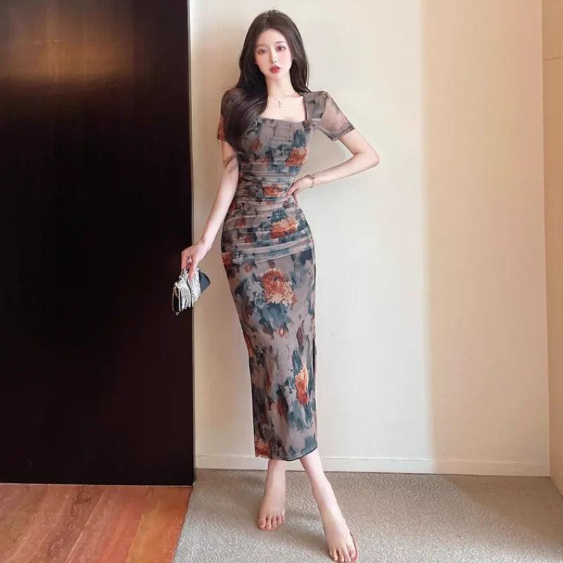 Vintage Mesh Dress: Korean Style Icon with Floral Charm