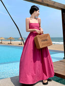 Rose Red French Style Seaside Sling Dress Summer 2023 Beachwear