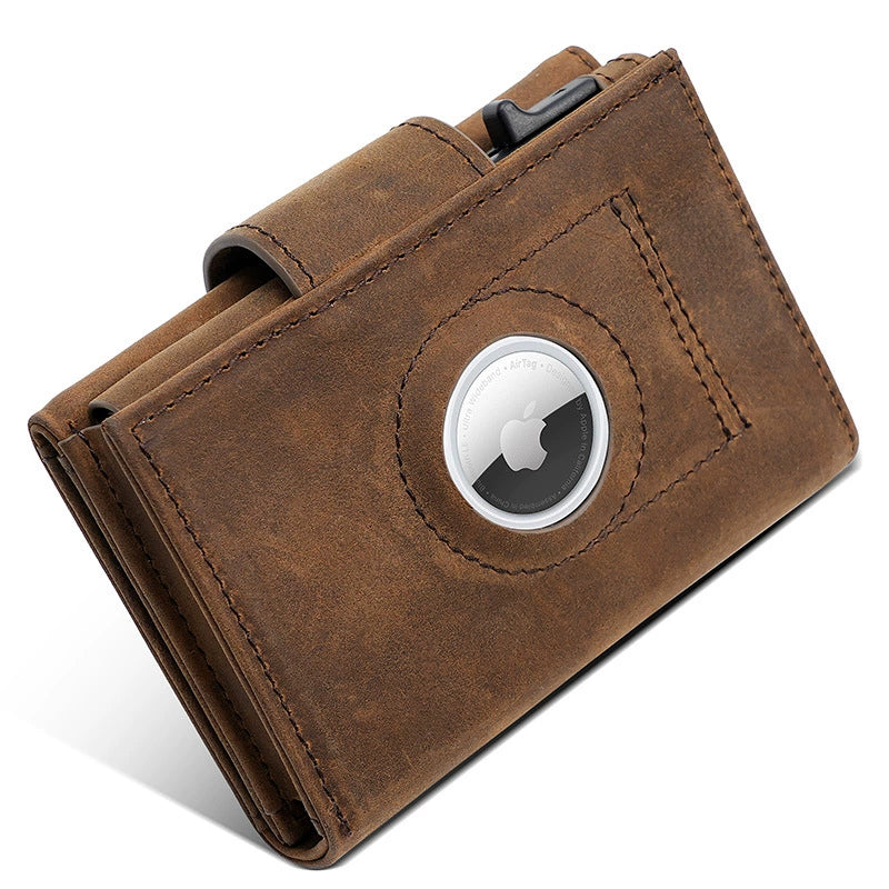 Retro Crazy Horse Leather Automatic Card Holder Men's Carbon Fiber Pattern Leather Pop-up Card Clamp Airtag Snap Wallet