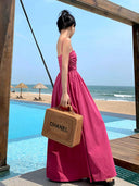 Rose Red French Style Seaside Sling Dress Summer 2023 Beachwear