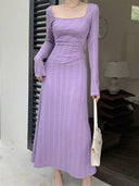 Instahot Purple Dress: Chic Slim Fit with Square-Neck Design