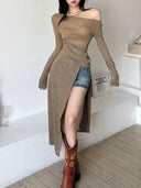 Winter Chic: Slim Fit Diagonal Collar Long Dress Fashion Forward